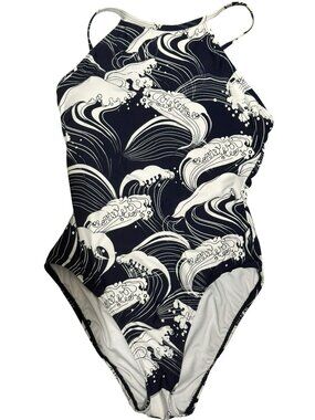 Nautica Swim Womens High Neck Japanese-Style Ocean Wave 1-Piece Navy White Sm